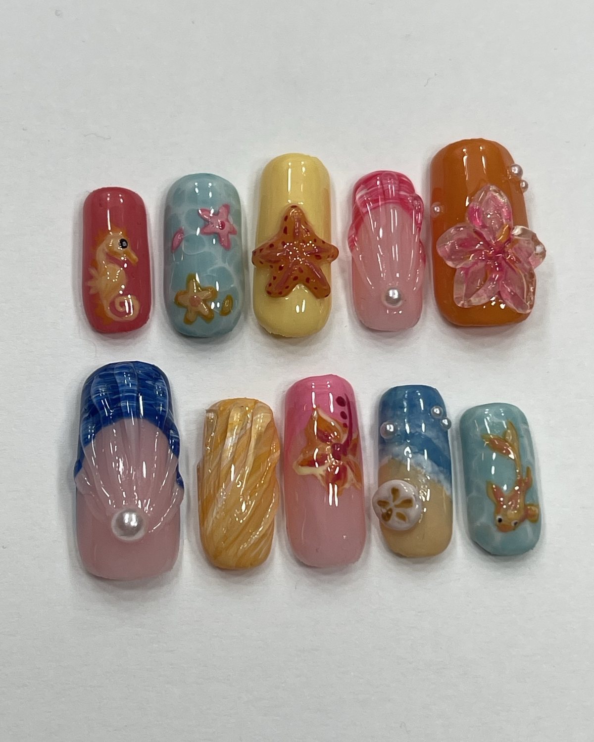 Beachy Bliss set, hand-painted press-on nails