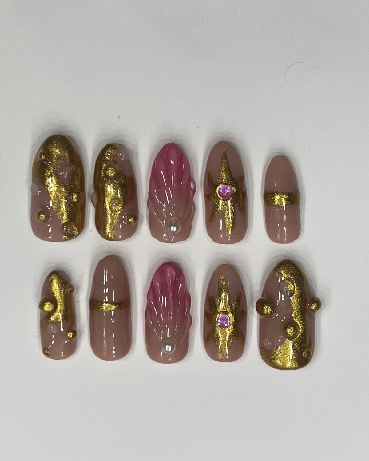 Pink and Gold set, hand-painted press-on nails