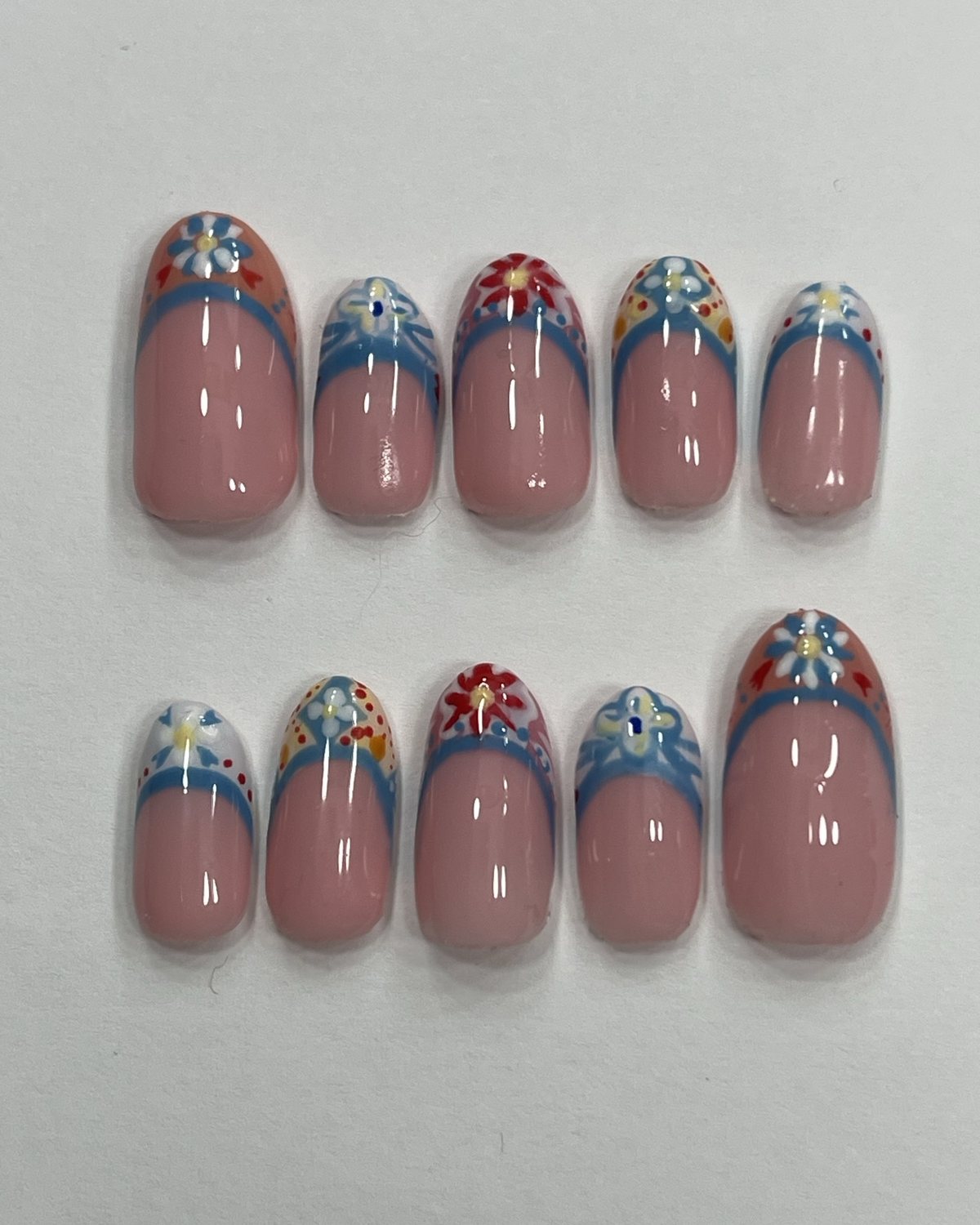 Midsummer French Tips set, hand-painted press-on nails